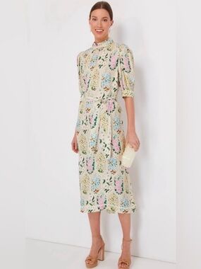 Hunter Bell Langley Floral Tile Silk Midi Dress Belted Puff Sleeve – $545 Retail